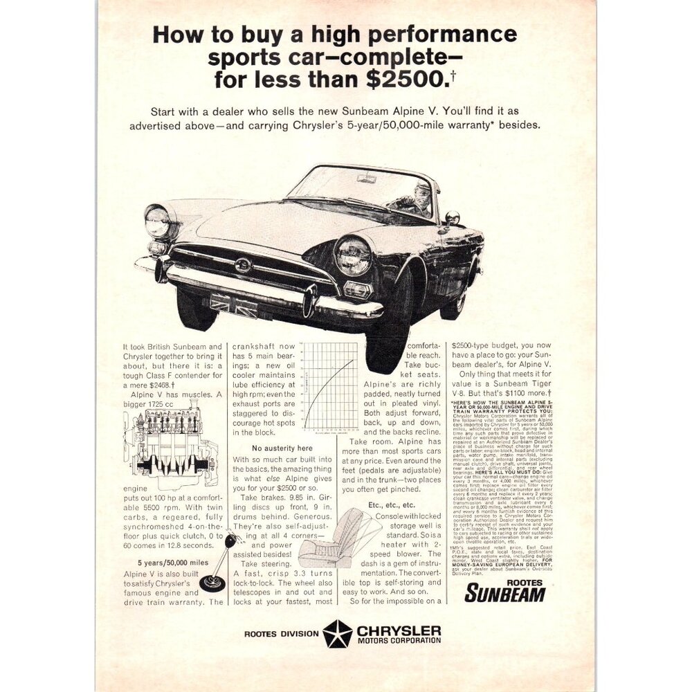 1966 Sunbeam Rootes Alpine V Convertible Roadster Vintage Print Ad 60s Wall Art
